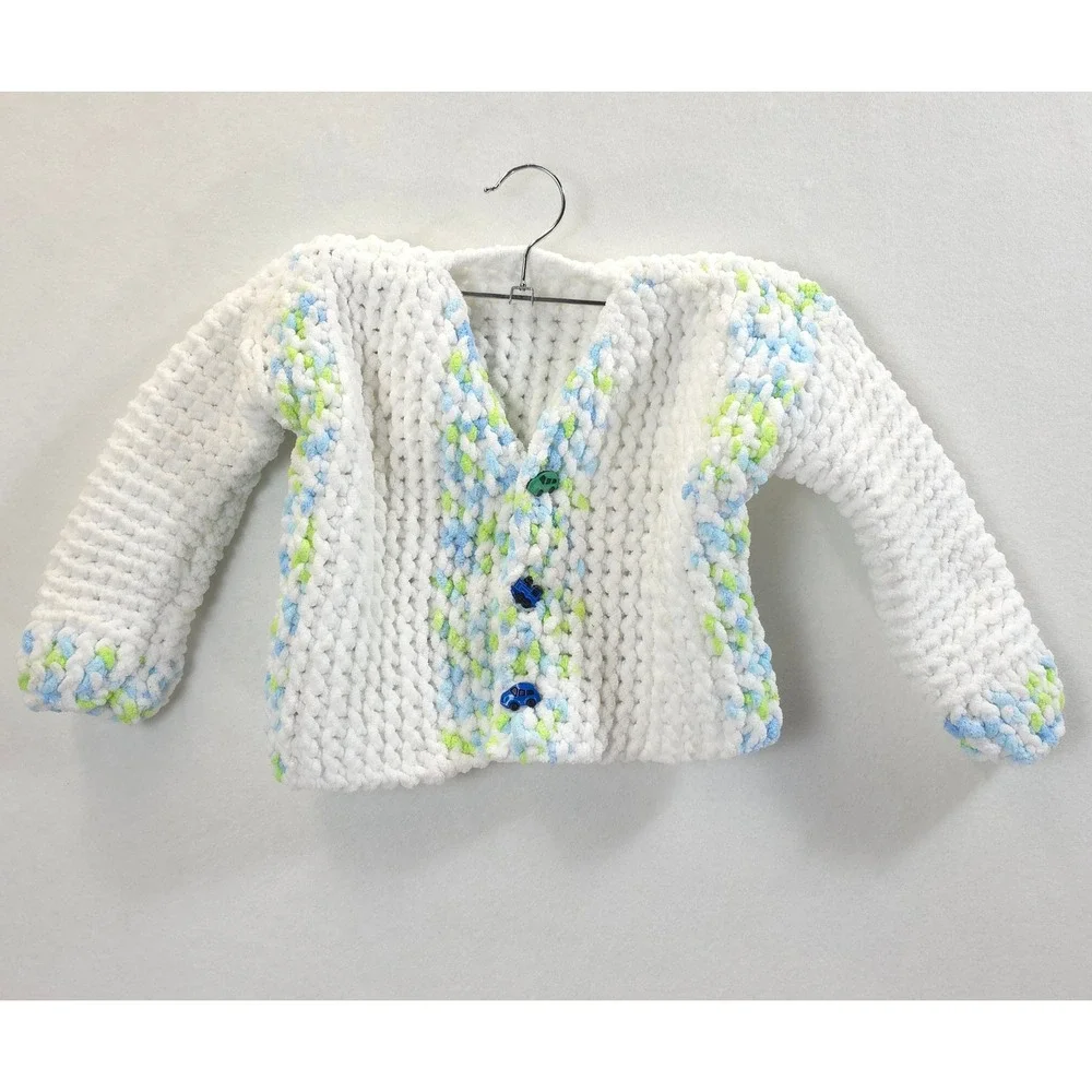 Handmade Cardigan Car Buttons White Blue Green Boys 2T-3T Cozy Knit Chenille
